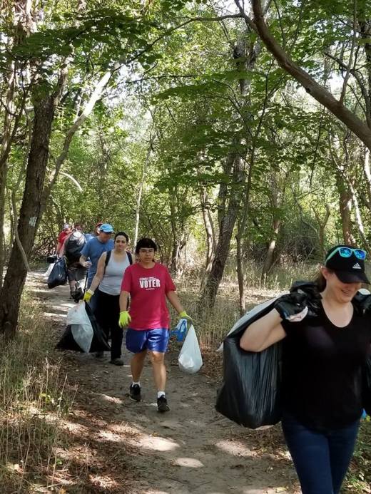 BBN Beyond Belief Network September Picture of the Month 2017, long island atheists have trash pick up/trail clean up event at Little League of the Islips, group photo carrying trach bags down the trail